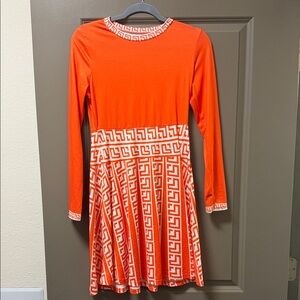 Orange Greek Key Long Sleeve Skater Dress